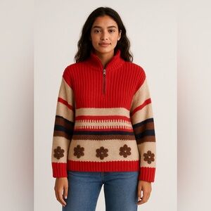POL Red and Cream Striped V-Neck Sweater